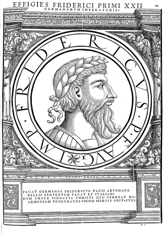 Frederick I, called Barbarossa (born around 1122, died 10 June 1190 in the river Saleph near Seleucia), from the noble family of the Hohenstaufen, was Duke of Swabia from 1147 to 1152 as Frederick III. Duke of Swabia, Roman-German King from 1152 to 1190 and Emperor of the Roman-German Empire from 1155 to 1190, authentic, digitally restored reproduction from a 19th century original, record date not stated