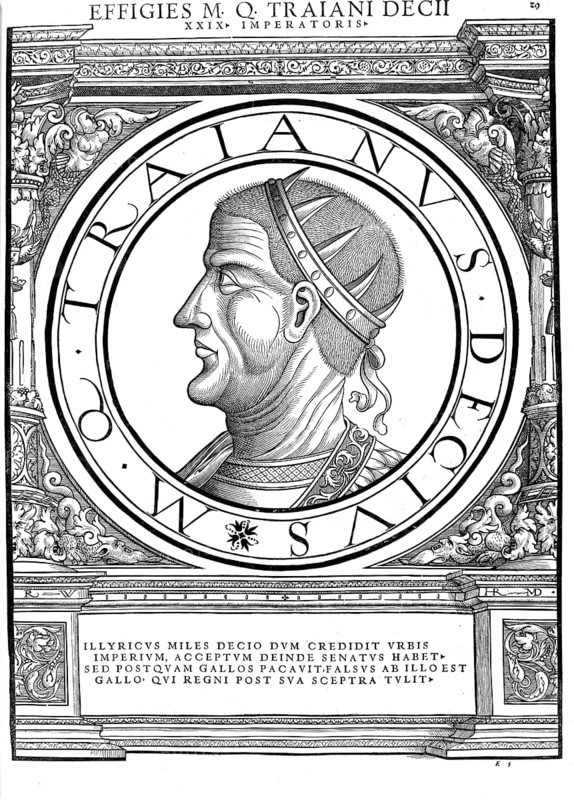 Gaius Messius Quintus Traianus Decius (born ca. 190 or 200/201 in Budalia near Sirmium, died 1st half of June 251 near Abrittus, today Rasgrad in Bulgaria) was emperor of the Roman Empire from 249 to 251, authentic, digitally restored reproduction from a 19th century original, record date not stated