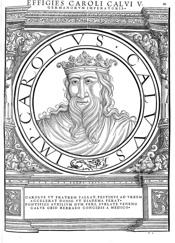 Charles II (born 13 June 823 in Frankfurt, died 6 October 877 in Avrieux near Modane), called Charles the Bald, of the Carolingian dynasty, was King of the West Franks from 843 to 877 and King of Italy and Roman Emperor from 875 to 877, authentic, digitally restored reproduction from a 19th century original, record date not stated