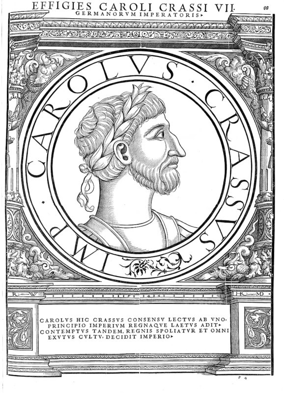 Charles III (born 839, died 12 January 888 in Neudingen) of the Carolingian dynasty was King of the East Franks from 876 to 887, King of Italy from 879 to 887, King of the Bavarians from 882, King of the West Franks from 885 to 888 and Roman Emperor from 881 to 888, authentic, digitally restored reproduction from a 19th century original, record date not stated