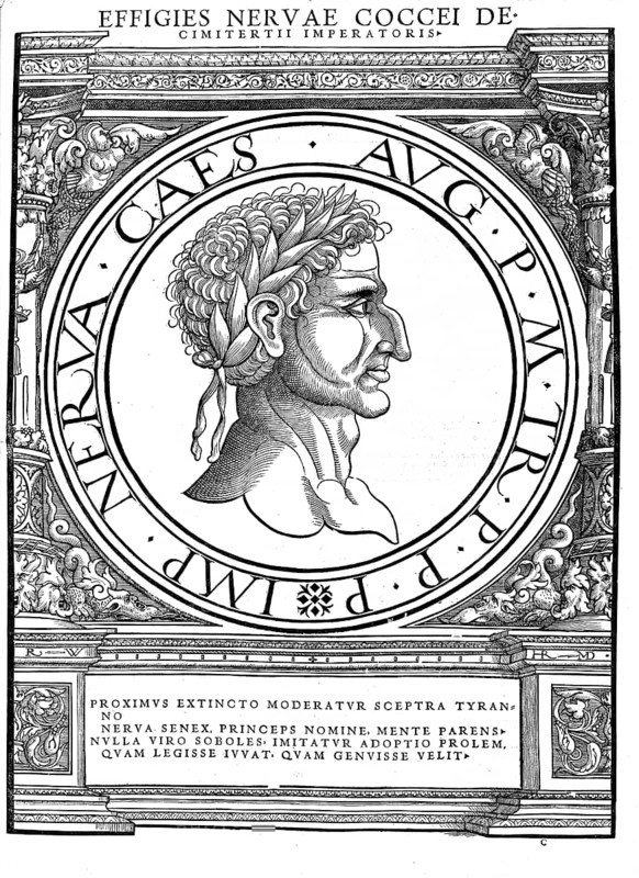 Nerva (born 8 November 30 in Narnia in Umbria, died 27 January 98 in Rome) succeeded Domitian as Roman emperor from 18 (or 19) September 96 until his death. His full birth name was Marcus Cocceius Nerva, as emperor he went by the name Imperator Nerva Caesar Augustus, authentic, digitally restored reproduction from a 19th century original, record date not stated