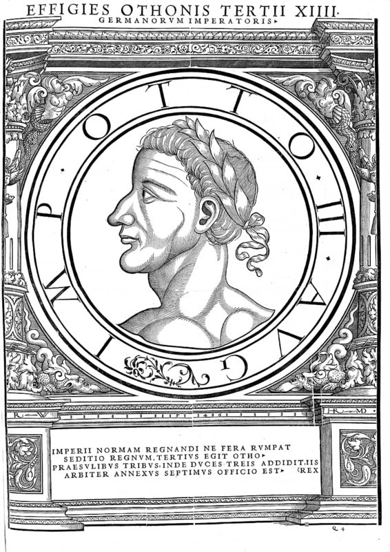 Otto III (born June or July 980 in the Reichswald near Cleves, died 23 or 24 January 1002 in Castel Paterno near Faleria, Italy) from the House of Ottonia was Roman-German king from 983 and emperor from 996 until his death, authentic, digitally restored reproduction from a 19th century original, record date not stated