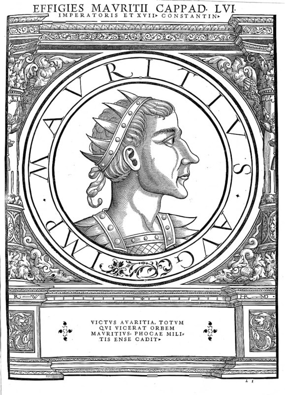 Maurikios, Flavius Mauricius Tiberius, (born 539 in Arabissos, died 27 November 602 in Chalkedon) was emperor of the Eastern Roman Empire from 13 August 582 to 27 November 602 and one of the most important late antique and early Byzantine rulers, authentic, digitally restored reproduction from a 19th century original, record date not stated