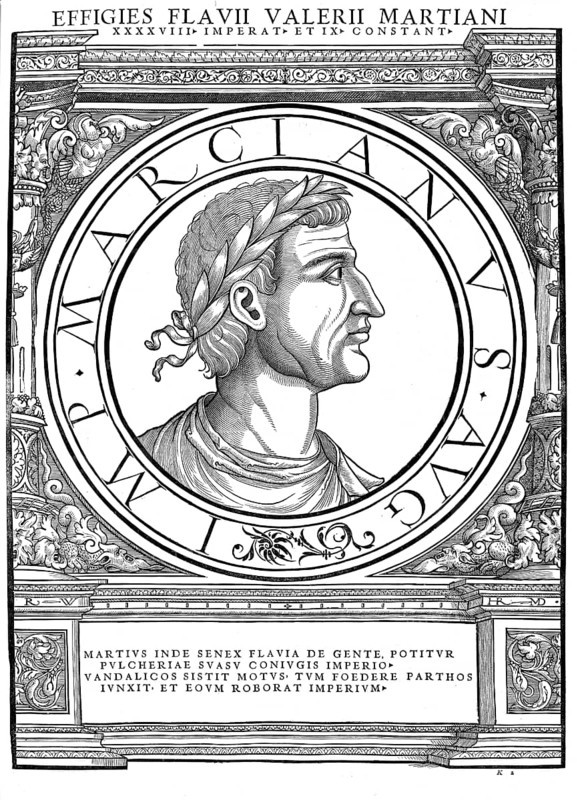 Markian, Flavius Marcianus, (born around 390 in Thrace, died 27 January 457 in Constantinople) was Emperor of the Eastern Roman Empire from 450 to 457, authentic, digitally restored reproduction from a 19th century original, record date not stated