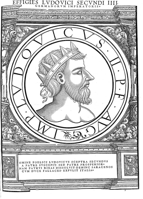 Louis II was King of Italy from 839/840, King of the Lombards from 844, Roman co-emperor from 850 and emperor from 855 from the Carolingian dynasty, authentic, digitally restored reproduction from a 19th century original, record date not stated