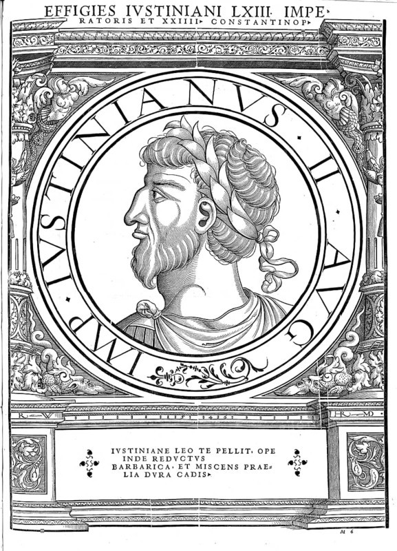 Justinian II, surnamed Rhinotmetos, with the cut-off nose, was Byzantine emperor (685 to 695 and 705 to 711), authentic, digitally restored reproduction from a 19th century original, record date not stated