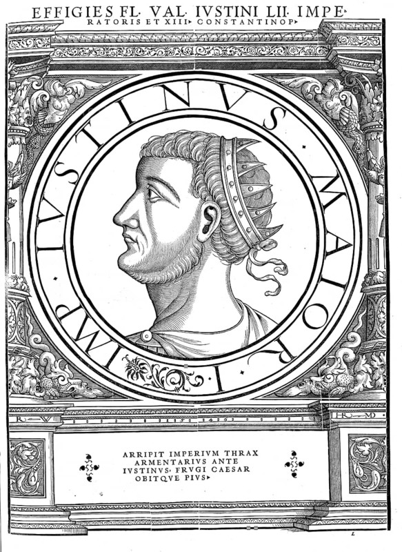 Justin I, Imperator Caesar Flavius Iustinus Augustus, Flavios Ioustinos Augoustos, as emperor also Justin the Great, (born around 450 near Naissus, died 1 August 527 in Constantinople) was Eastern Roman emperor from 518 to 527 and the first ruler of the Justinian dynasty, authentic, digitally restored reproduction from a 19th century original, record date not stated