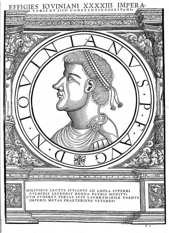 Flavius Iovianus (born 331 in Singidunum, died 17 February 364 in Dadastana), Jovian for short, also known as Iovian, was Julian's successor as emperor of the Roman Empire. He reigned for only one winter, from 363 to 364. Jovian, who was a Christian, broke with the anti-Christian policies of his predecessor and also ended the latter's offensive against the Persian Sassanid Empire in the Peace of 363, authentic, digitally restored reproduction from a 19th century original, record date not stated