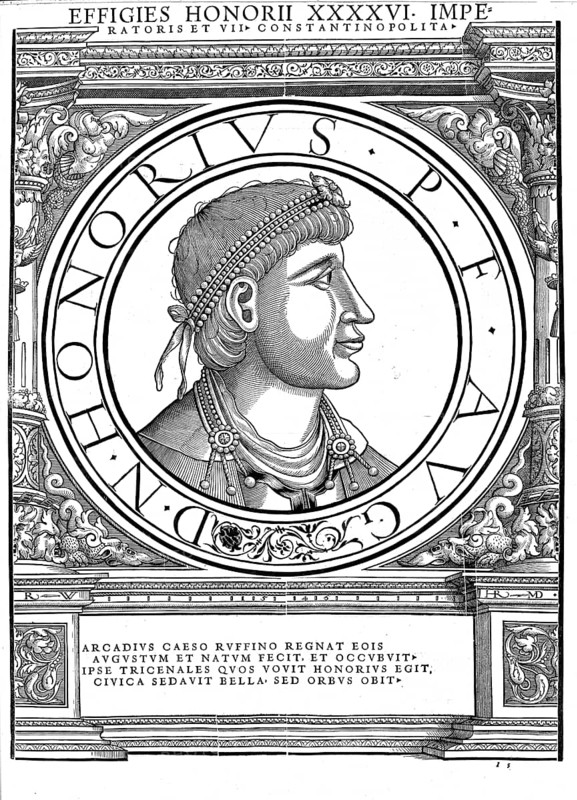 Flavius Honorius (born 9 September 384 in Constantinople, died 15 August 423 in Ravenna) was Western Roman Emperor from 395 to 423, authentic, digitally restored reproduction from a 19th century original, record date not stated