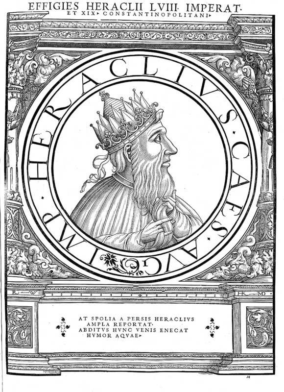 Herakleios, Flavius Heraclius, Flavios Heraklios, (born around 575 in Cappadocia, died 11 February 641 in Constantinople) was Eastern Roman or Byzantine emperor from 5 October 610 until his death, authentic, digitally restored reproduction from a 19th century original, record date not stated
