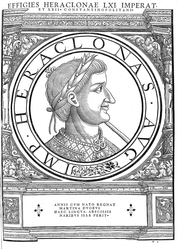Heraklonas (born 626 in Lasika, died 641 on Rhodes) was emperor of the Eastern Roman Empire for a few months in 641, authentic, digitally restored reproduction from a 19th century original, record date not stated