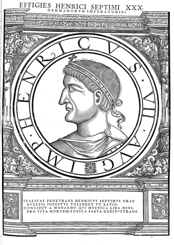 Henry VII (born 1278/79 in Valenciennes, died 24 August 1313 in Buonconvento near Siena) was descended from the House of Limburg-Luxembourg and was Count of Luxembourg and Laroche as well as Margrave of Arlon. He was Roman-German king from 1308 to 1313 and Roman-German emperor from 29 June 1312, authentic, digitally restored reproduction from a 19th century original, record date not stated