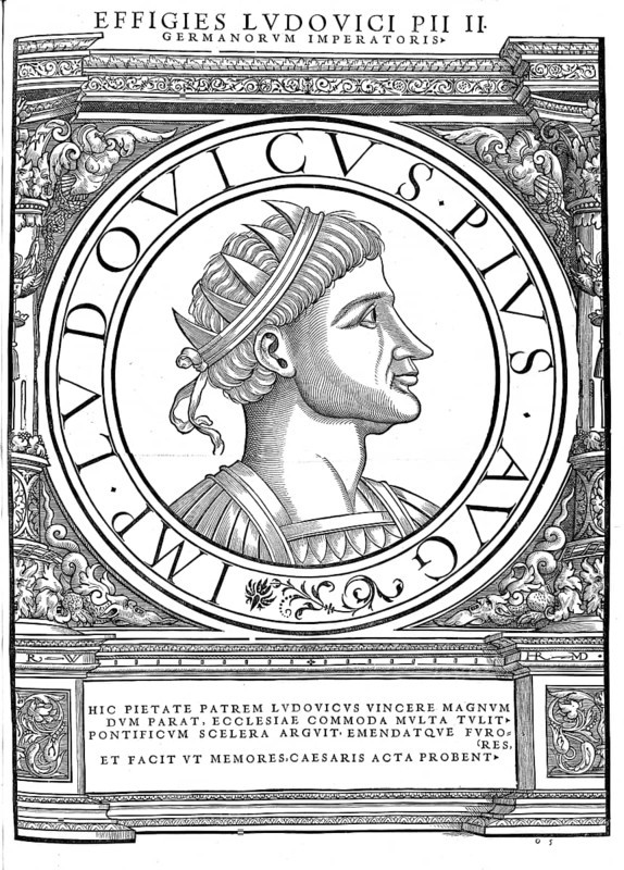 Louis I, Louis the Pious, Louis le Pieux, (born June/August 778 in Chasseneuil near Poitiers, died 20 June 840 in Ingelheim am Rhein) was King of the Frankish Empire (in Aquitaine from 781, in the Empire as a whole from 814) and Emperor (813 to 840), authentic, digitally restored reproduction from a 19th century original, record date not stated