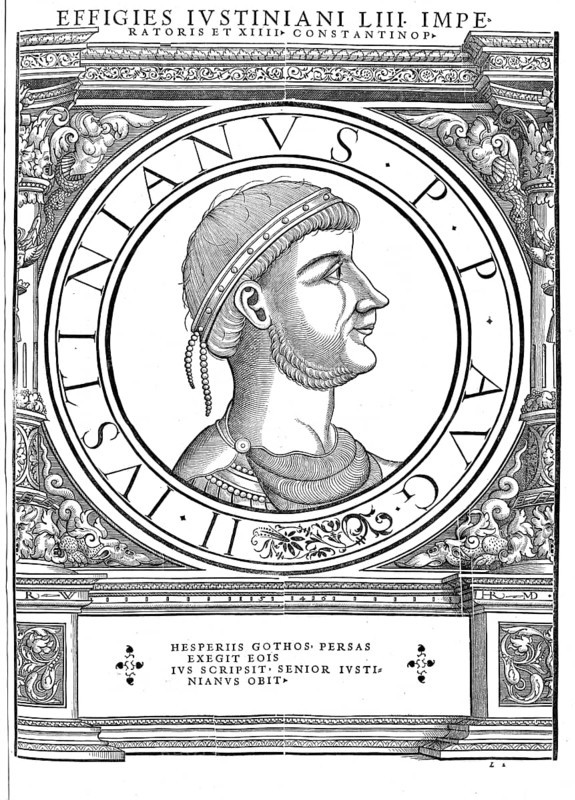 Justinian, Iustinianus, documented in his consular diptychs from the year 521 as Flavius Petrus Sabbatius Iustinianus, was Roman emperor from 1 April and 1 August 527 until his death, authentic, digitally restored reproduction from a 19th century original, record date not stated