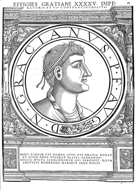 Gratian (born 18 April 359 in Sirmium, died 25 August 383 in Lugdunum), whose full name was Flavius Gratianus, was emperor in the west of the Roman Empire from 375 to 383, but was already appointed co-emperor by his father Valentinian I in 367. Together with Theodosius I, he made Christianity the state religion of the Roman Empire, authentic, digitally restored reproduction from a 19th century original, record date not stated