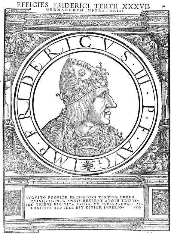 Frederick III (born 21 September 1415 in Innsbruck, died 19 August 1493 in Linz) from the House of Habsburg was as Frederick V Duke of Styria, Carinthia and Carniola from 1424, Duke of Austria from 1439, as Frederick III Roman-German King from 1440 and Emperor of the Holy Roman Empire from 1452 until his death, authentic, digitally restored reproduction from a 19th century original, record date not stated