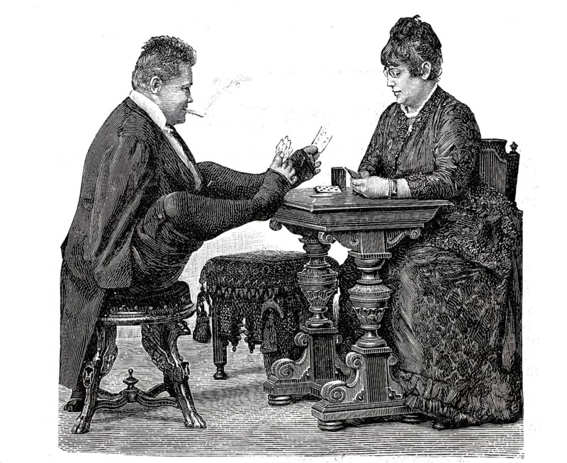 Carl Herrmann Unthan (born 5 April 1848, died 19 November 1929 in Berlin), a German violinist and artist born without arms, artistic shooter and artistic swimmer, here playing cards, Historical, authentic, digitally restored reproduction from a 19th century original, Record date not stated