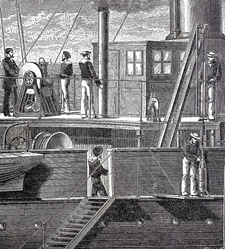 Scene on a ship, sailors ready to sound, plumb, measure sea depth, 1880, Historical, authentic, digitally restored reproduction from a 19th century original, Record date not stated
