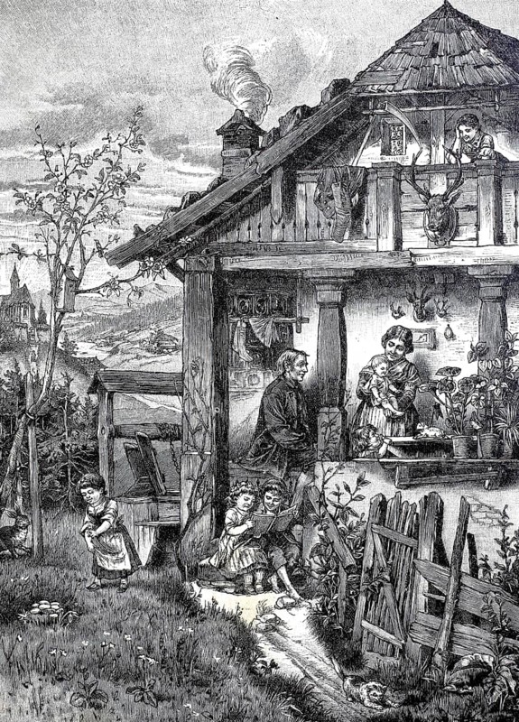 Easter in the forester's house, family idyll, parents and children, child looking for Easter eggs, 1890, Historical, authentic, digitally restored reproduction from a 19th century original, Record date not stated