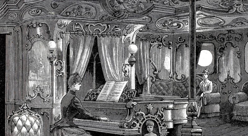 Pictures of a luxurious ocean fast steamer around 1890, music hall, ship Columbia of the Hamburg-Amerikanische Packetfahrt-Actien-Gesellschaft, HAPAG, Historical, authentic, digitally restored reproduction from a 19th century original, Record date not stated