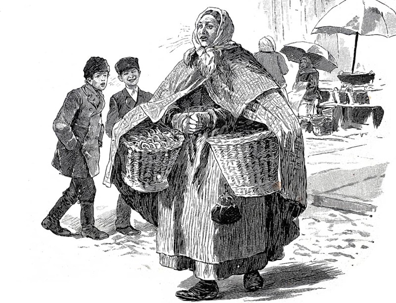 Pretzel seller, baker's woman with two baskets of fresh pretzels at the market, 1880, Germany, Historical, authentic, digitally restored reproduction from a 19th century original, Record date not stated