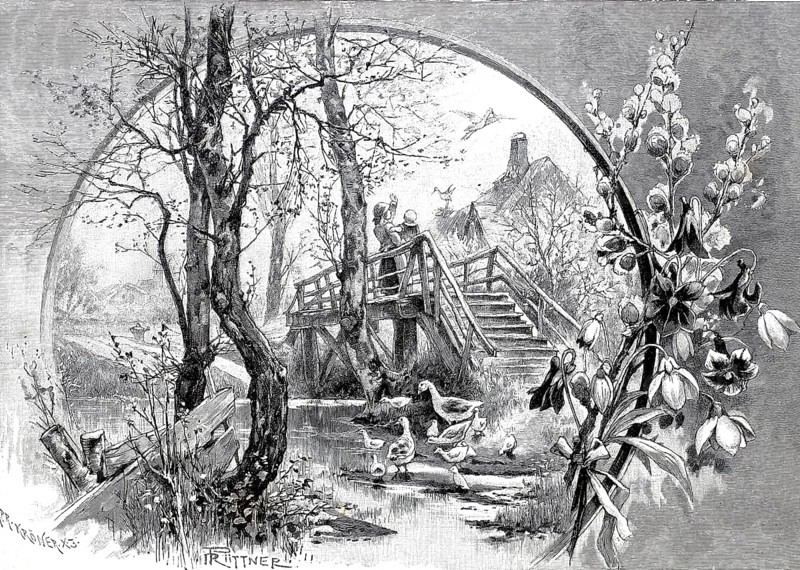 Symbolic photo for spring, with blossoms, ducks and two children standing on a wooden bridge, landscape, spring mood, 1890, Historical, authentic, digitally restored reproduction from a 19th century original, Record date not stated