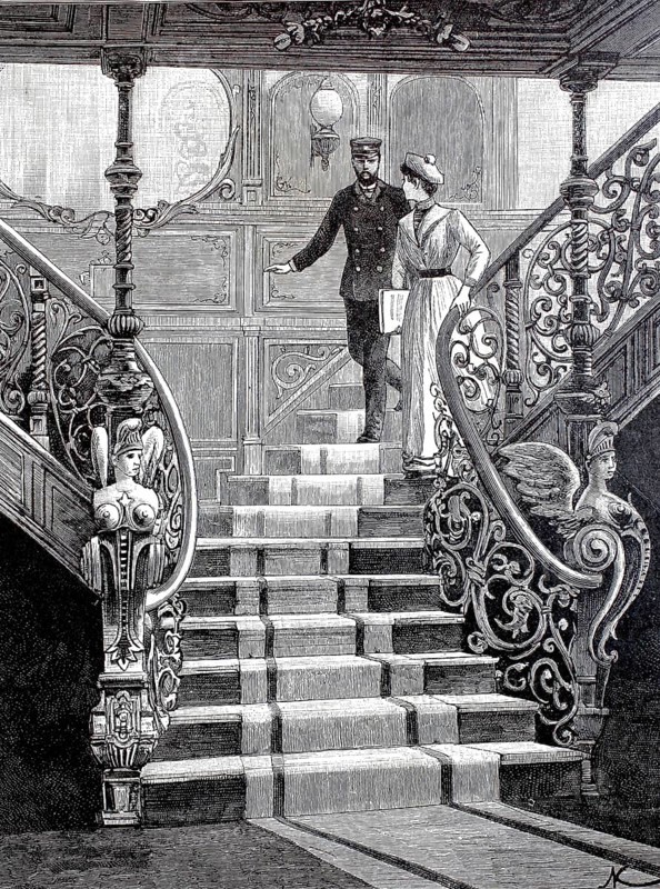 Pictures of a luxurious ocean fast steamer around 1890, stairs to the halls, ship Columbia of the Hamburg-Amerikanische Packetfahrt-Actien-Gesellschaft, HAPAG, Historical, authentic, digitally restored reproduction from a 19th century original, Record date not stated
