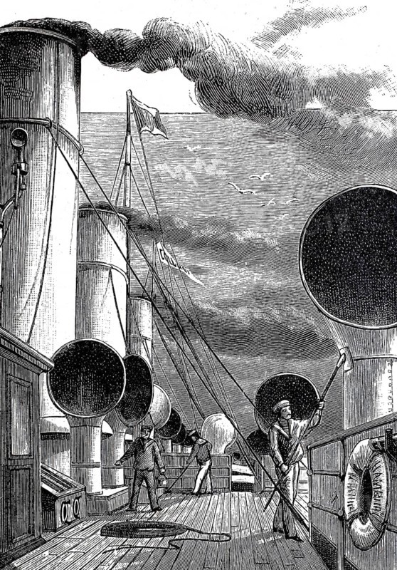 Pictures of a luxurious ocean fast steamer around 1890, ventilators and exhaust stacks on deck, ship Columbia of the Hamburg-Amerikanische Packetfahrt-Actien-Gesellschaft, HAPAG, Historical, authentic, digitally restored reproduction from a 19th century original, Record date not stated