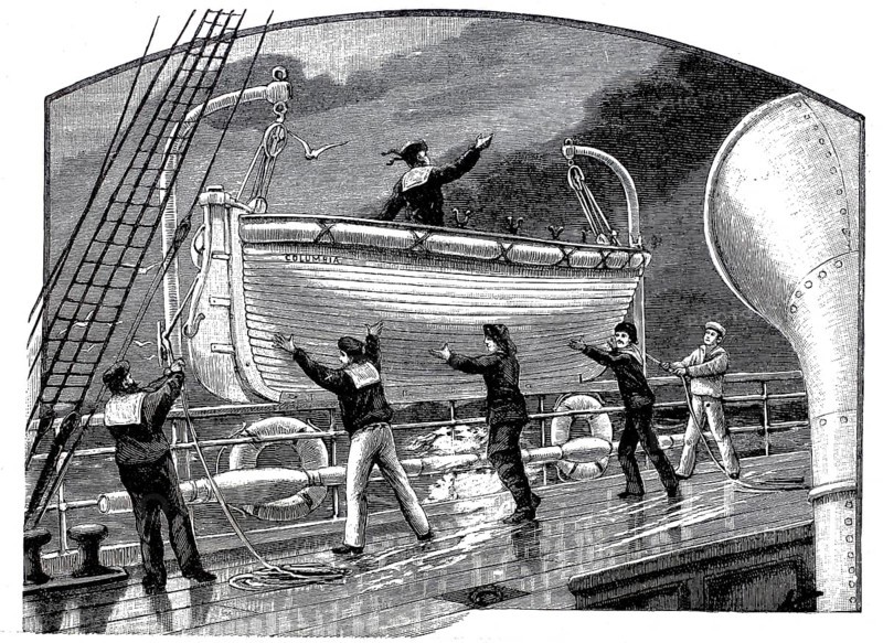 Pictures of a luxurious ocean fast steamer around 1890, lifeboat ready for launching, ship Columbia of the Hamburg-Amerikanische Packetfahrt-Actien-Gesellschaft, HAPAG, Historic, authentic, digitally restored reproduction from a 19th century original, Record date not stated