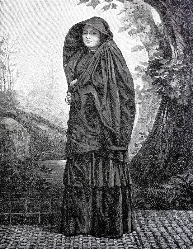 Woman from Malta with a Ghonnella, also called Faldetta, form of headgear and scarf or hooded cloak for woman, which only exists on the Mediterranean islands of Malta and Gozo, 1890, Historical, authentic, digitally restored reproduction from a 19th century model, Record date not stated