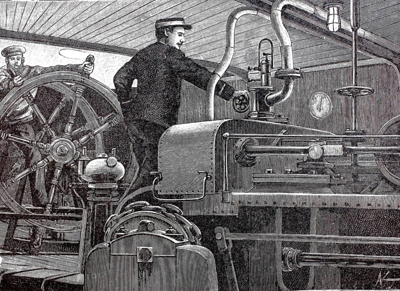 Pictures of a luxurious ocean fast steamer around 1890, steam steering apparatus, ship Columbia of the Hamburg-Amerikanische Packetfahrt-Actien-Gesellschaft, HAPAG, Historical, authentic, digitally restored reproduction from a 19th century original, Record date not stated