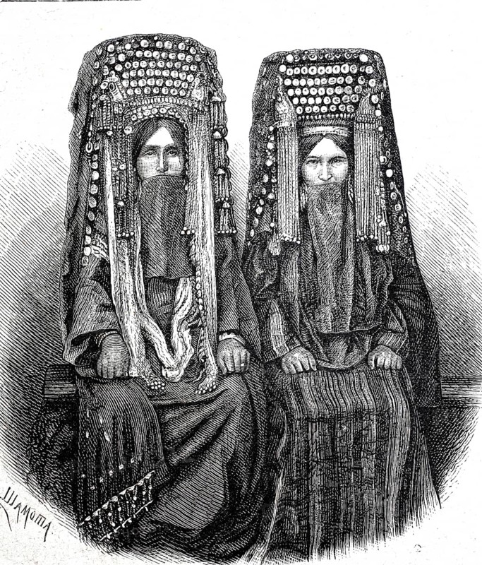 Women's traditional costume in Turkmenistan around 1880, from the Krasnovodsk region, today Türkmenbasy, Historical, authentic, digitally restored reproduction from a 19th century original, Record date not stated