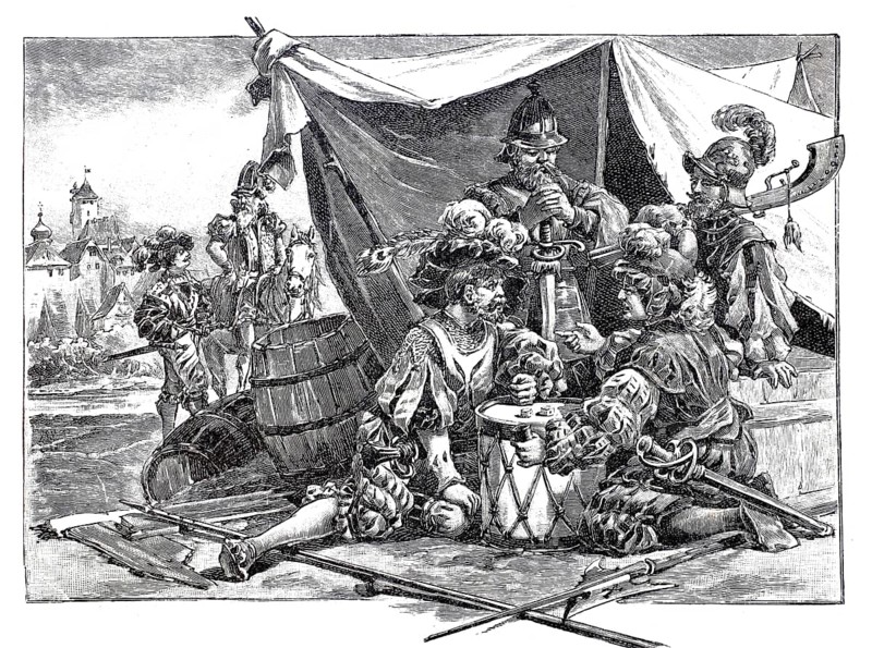 Military, Feldobrist or Feldhauptmann, Leutnant and Landsknechte, German mercenaries of the late 15th and 16th century in a camp, Germany, Historical, authentic, digitally restored reproduction from a 19th century original, Record date not stated