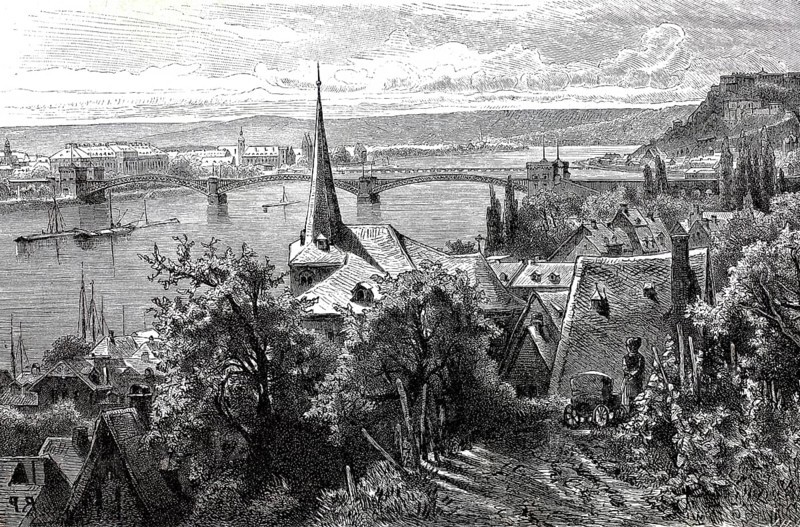 Koblenz, with a view of the royal residence palace, 1890, Rhineland-Palatinate, Germany, Historical, authentic, digitally restored reproduction from a 19th century original, Record date not stated