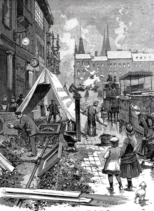 Electricity, Laying cables in the street, 1890, Berlin, Germany, Historical, authentic, digitally restored reproduction from a 19th century original, Record date not stated