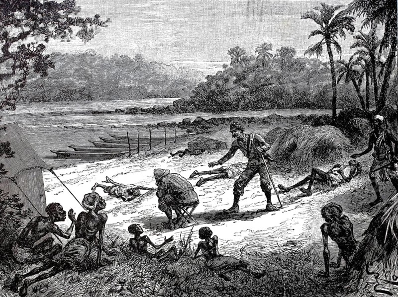Rescue of Captain Nelson and the survivors in the famine camp by Henry Morton Stanley, Africa, Expedition, around 1880, Historical, authentic, digitally restored reproduction from a 19th century original, Record date not stated