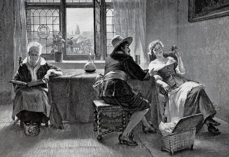 A pleasant philanderer who knows how to make an impression with his charm and a certain slyness entertains the young woman. Her mother is sitting at the table reading a book, 1890, Historical, authentic, digitally restored reproduction from a 19th century original, Record date not stated