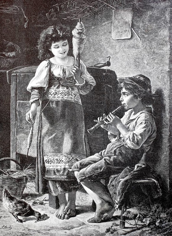 In the farmhouse parlour the boy is practising the flute while the girl is spinning yarn, rural scene, Haspel, 1890, Germany, Historical, authentic, digitally restored reproduction from a 19th century original, Record date not stated
