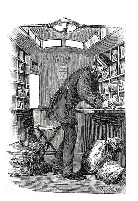 Employee in the Berlin street mail service sorting letters, postman, post office, 1890, Germany, Historical, authentic, digitally restored reproduction from a 19th century original, Record date not stated