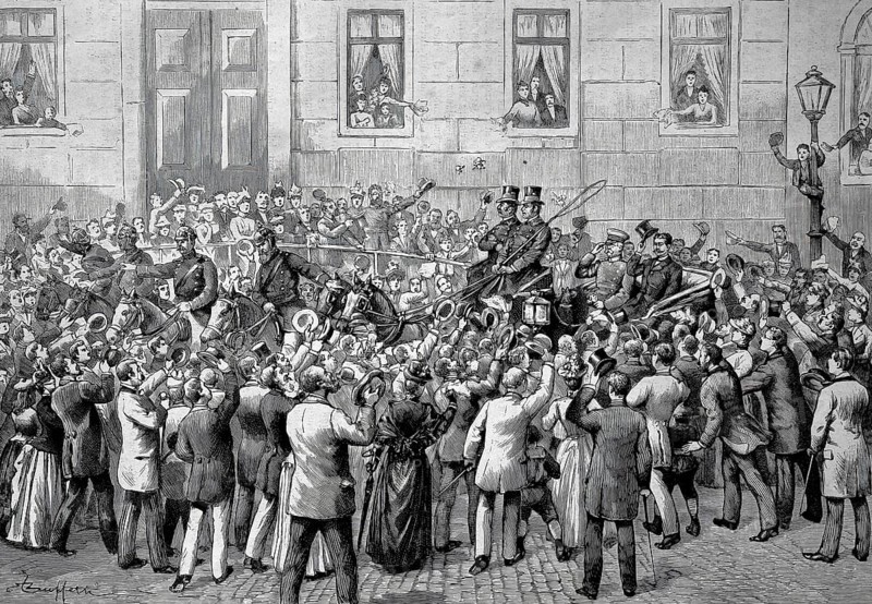 Bismarck's departure from Berlin on 20 March 1890, after he was dismissed by Kaiser Wilhelm II following a dispute with Kaiser Wilhelm II over the extension of the Socialist Law, Historical, authentic, digitally restored reproduction from a 19th century original, Record date not stated