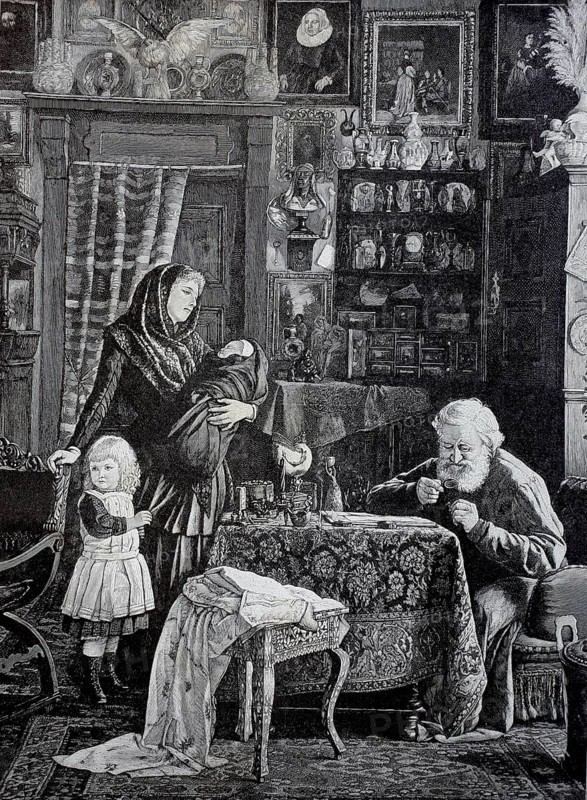 The last jewel, old man, collector of antiques, looking at something through a magnifying glass, his woman and children look on bored, room with many decorative objects, 1890, Historical, authentic, digitally restored reproduction from a 19th century original, Record date not stated