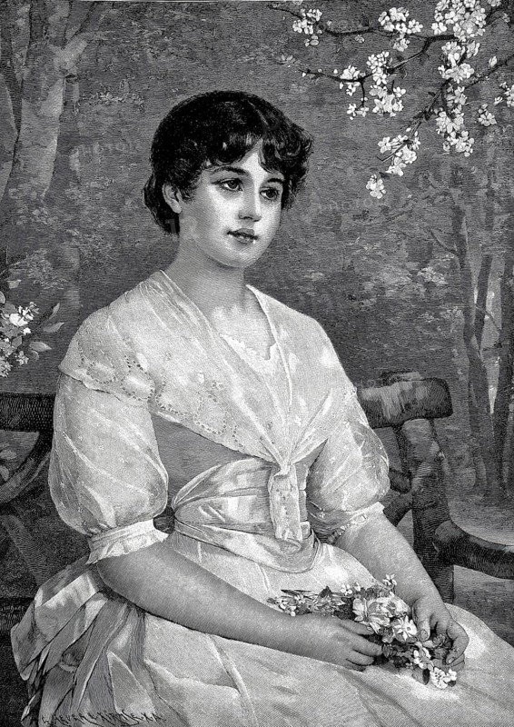 Spring dream, young girl with a bouquet of flowers on her lap, dreamy, melancholic mood, after a painting by Otto Lingner, Historical, authentic, digitally restored reproduction from a 19th century original, Record date not stated