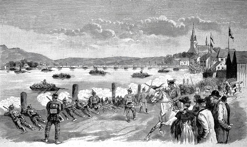 The passage of the 18th Division across the Sound from Sonderburg to Düppel, the storming of the Düppel redoubts was the decisive battle of the German-Danish War of 1864, Germany, Historical, authentic, digitally restored reproduction from a 19th century original, Record date not stated