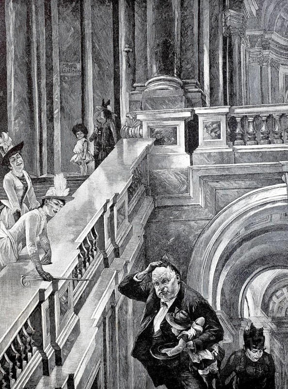 On the way to the gallery, fat man carrying a small child up the stairs and sweating, 1880, Historical, authentic, digitally restored reproduction from a 19th century original, Record date not stated