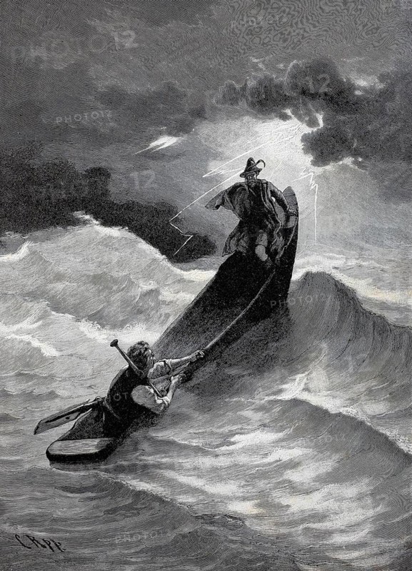 Thurnhammer takes a boat out to sea in a storm, high waves, risk, 1880, Historical, authentic, digitally restored reproduction from a 19th century original, Record date not stated
