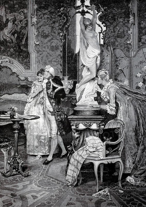 The Jealous, Hidden behind a statue, a woman watches a couple walking through an elegant room, around 1800, after a painting by Alessandro Ricci da Fermo, Historical, authentic, digitally restored reproduction from a 19th century original, Record date not stated