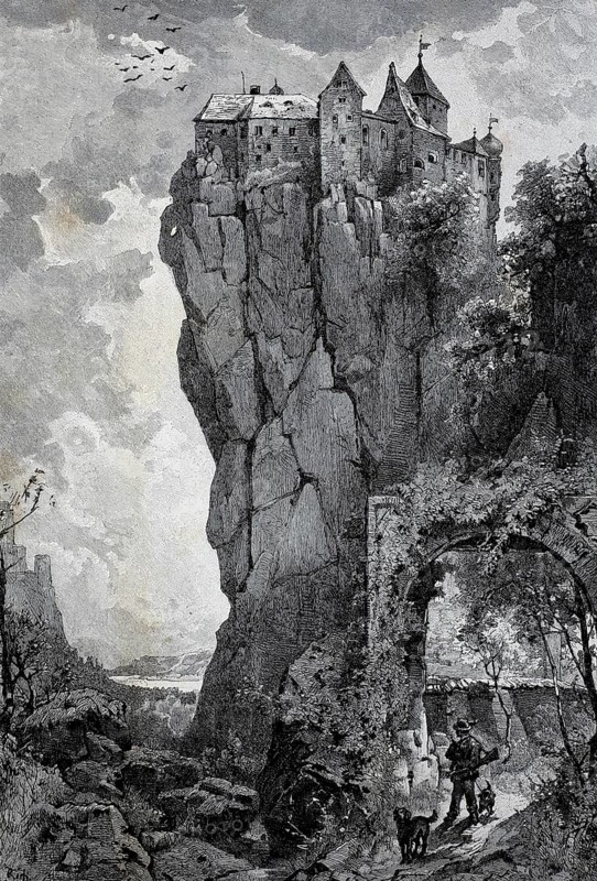Prunn Castle in Schlossprunn on a steeply sloping limestone cliff from the Jurassic period, 1890, town of Riedenburg in the district of Kelheim, Lower Bavaria, Bavaria, Germany, Historical, authentic, digitally restored reproduction from a 19th century original, Record date not stated
