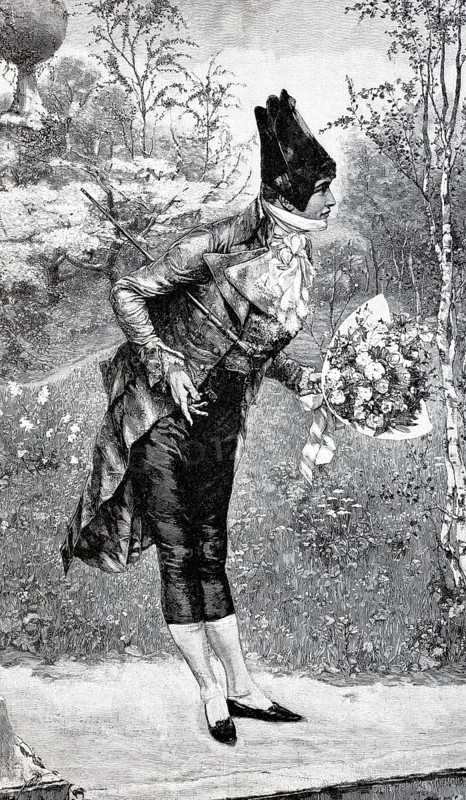 Young man bowing with a large bouquet of flowers, 1800, Historical, authentic, digitally restored reproduction from a 19th century original, Record date not stated