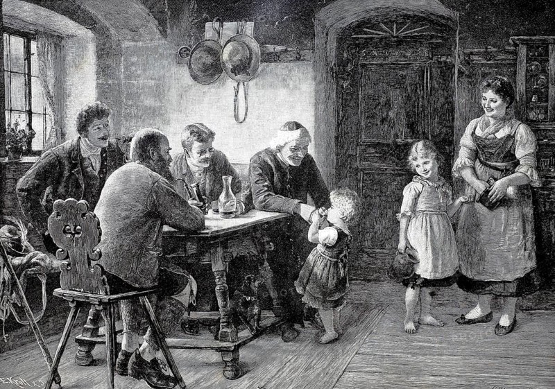 The first wine tasting, toddler gets alcohol to taste in an inn, mother and older sister look on benevolently, 1890, Historical, authentic, digitally restored reproduction from a 19th century original, Record date not stated