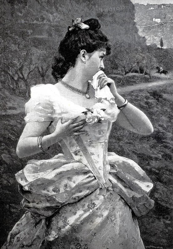 The last greeting, young woman looks sadly after her lover, who is travelling on horseback. Handkerchief for tears, 1890, Historical, authentic, digitally restored reproduction from a 19th century original, Record date not stated